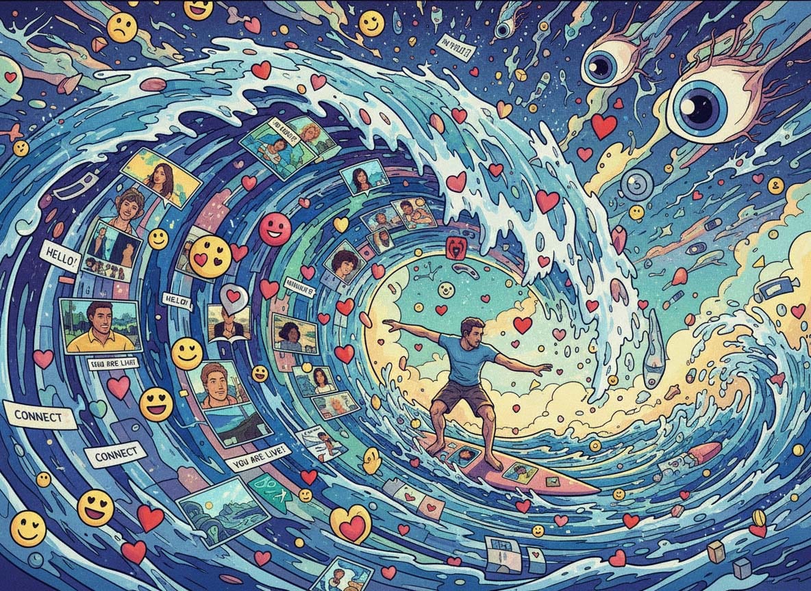 Moški deska na valu z kamerami in uporabniškimi profili