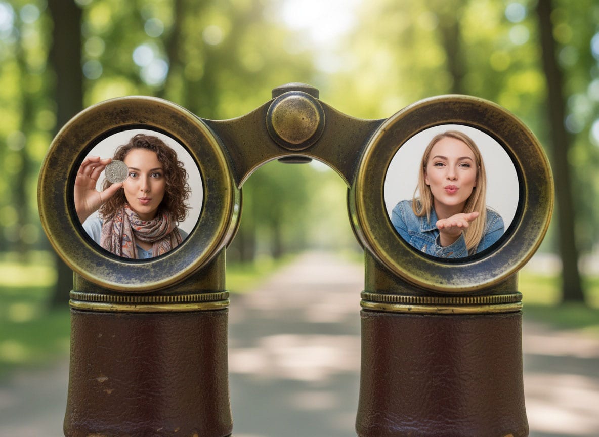 무료와 유료 중 선택하는 두 여성이 보이는 쌍안경