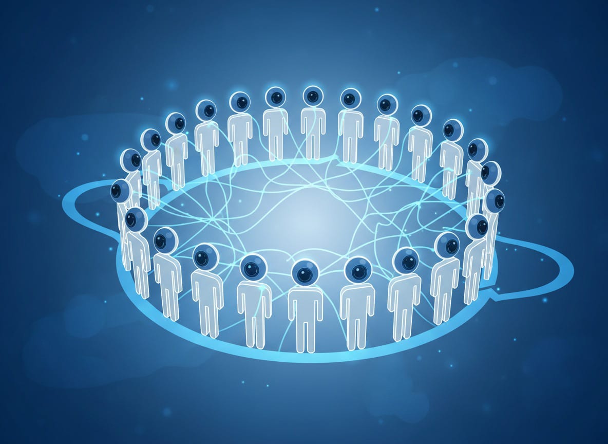 De nombreuses personnes en webcam forment un cercle avec une connexion p2p aléatoire 