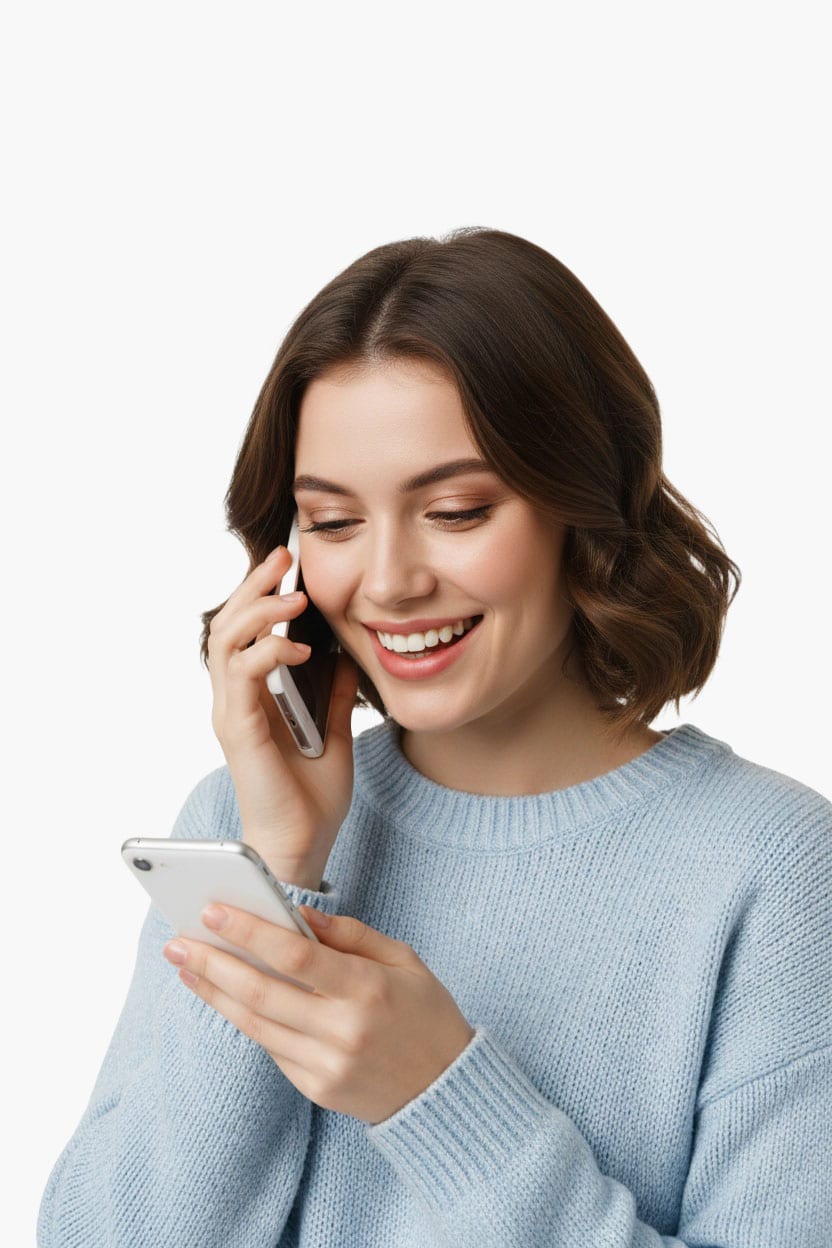 Nasmejana ženska z 2 telefonoma